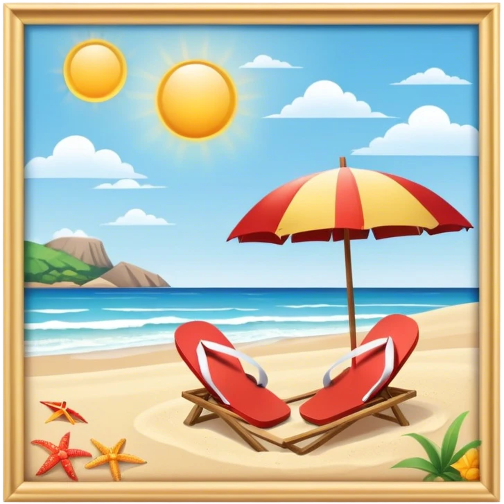 Icon for Beach Tourism: a sandy beach with a sun umbrella and flip-flops, with the ocean landscape in the background. The icon should capture the relaxation and fun of a beach vacation. Transparent background emoji