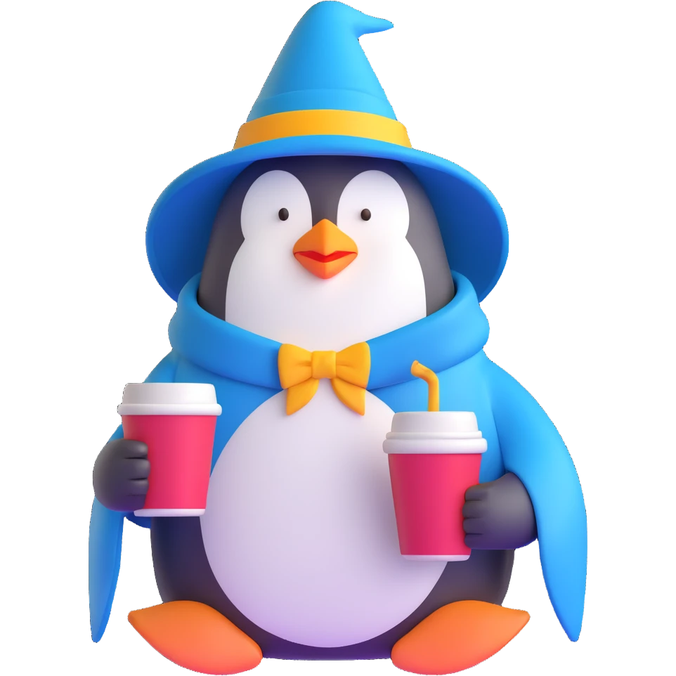 Penguin wizard drinking coffee while using iPhone emoji
