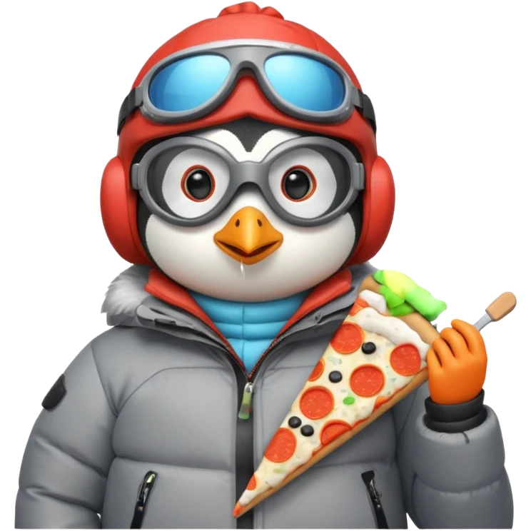 penguin in puffy coat, eating pizza, ski goggles resting on head emoji