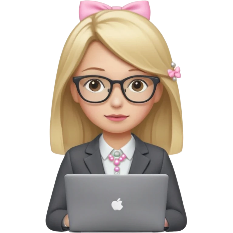 Please take the girl with laptop emoji and make her glassess light brown and her nose a bit smaller and pointier and she has blonde long hair and a dark grey suit and pearls, and has a laptop in fron of her and a tiny pink bow on the left side of her head emoji