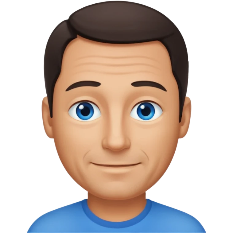 Middle aged man with tanned skin, receding dark hair and no beard, blue eyes, shy smile emoji