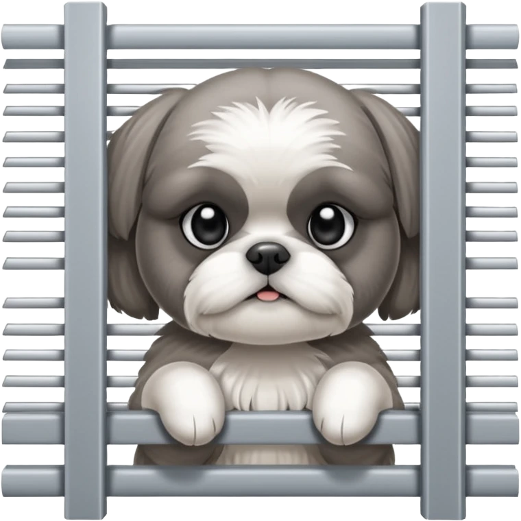 cute all grey shih tzuh behind window blinds pulling them open with one paw and peeking through the slit between the blinds emoji