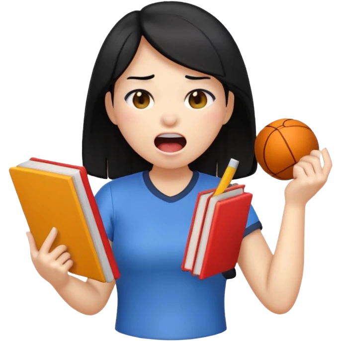 female emoji with black hair, yawning, holding a book and sports equipment, tired emoji