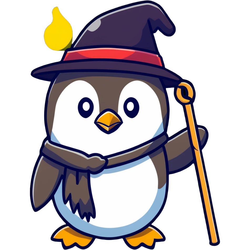 penguin wizard with a big hat and glowing staff emoji