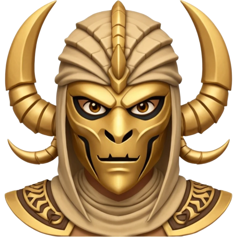 desert scorpion guard portrait, head and shoulders only, tribal mask, gold desert jewelry, fierce expression, sandy hood, 3D cartoon, mobile game icon style, clean background, no text, no watermark
 emoji