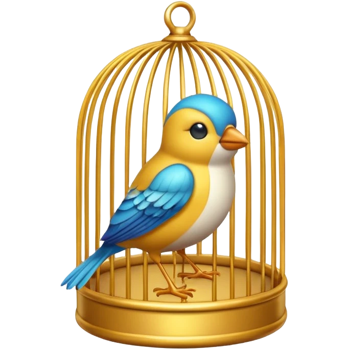 “3D emoji of a small bird inside a golden round cage, in Apple Memoji style. Soft studio lighting, glossy finish, black background, minimalistic and centered composition.” emoji