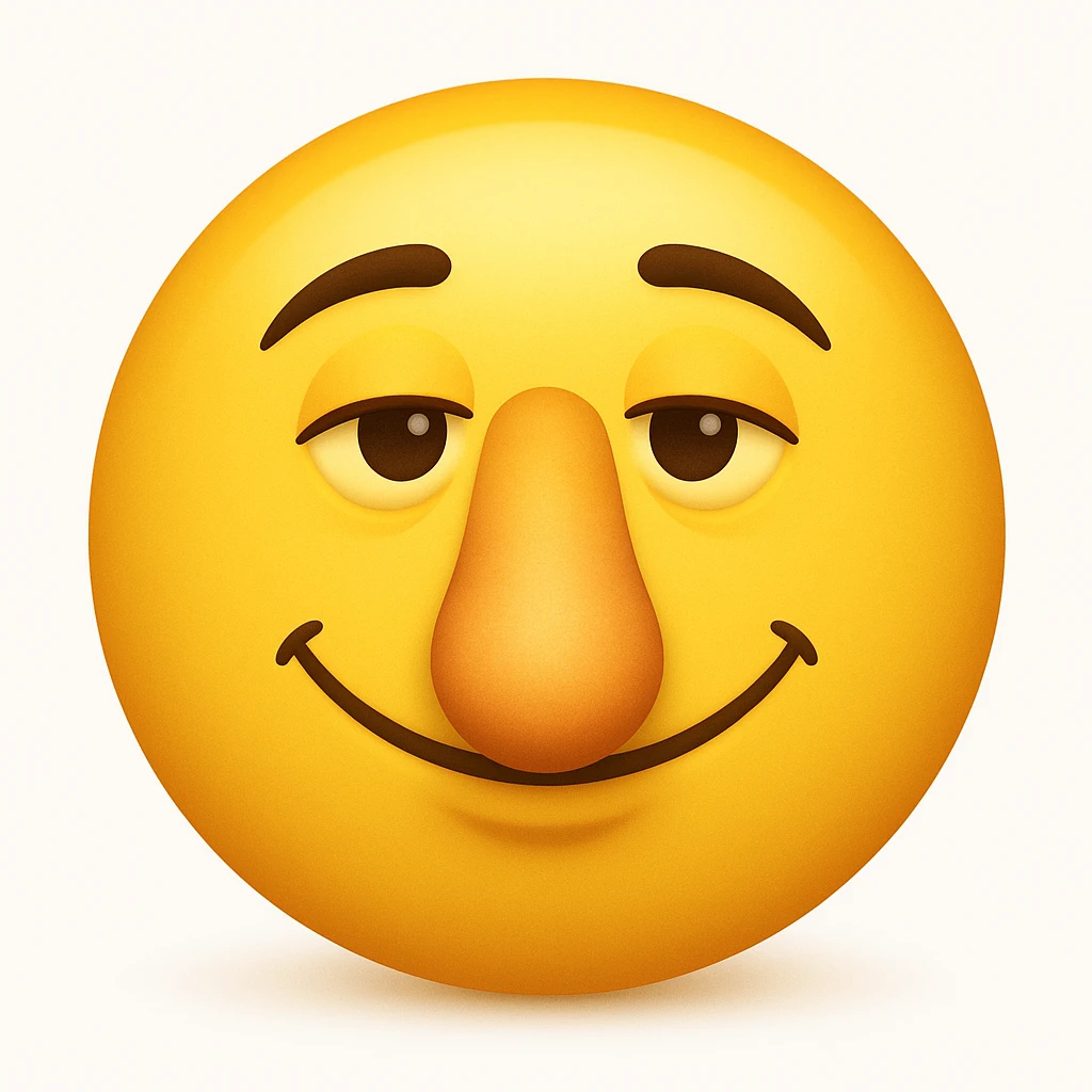 Create a yellow smiley face emoji with a nose exactly like the reference image. Match the facial expression and style, but as a classic emoji face in the style of classic yellow emojis. Add a soft shadow under the nose. emoji