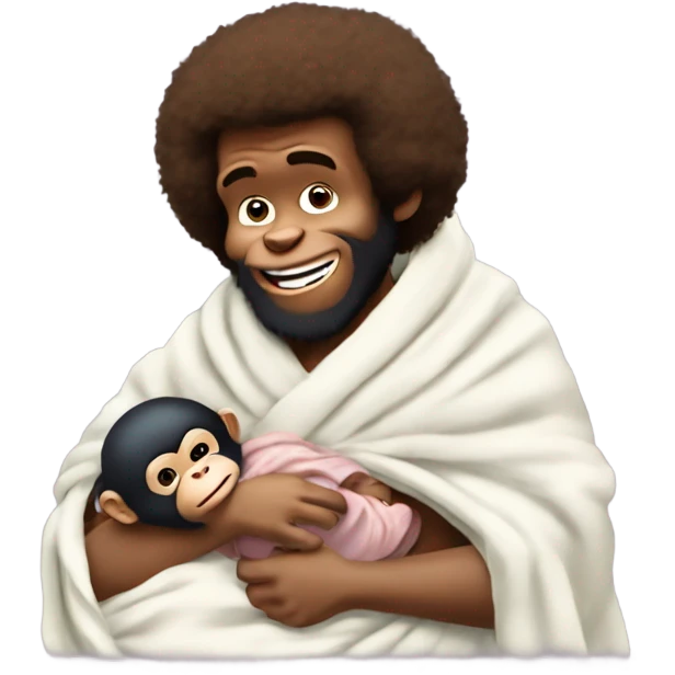 Human Bob Ross bottle feeding a new born baby chimpanzee wrapped in a blanket emoji