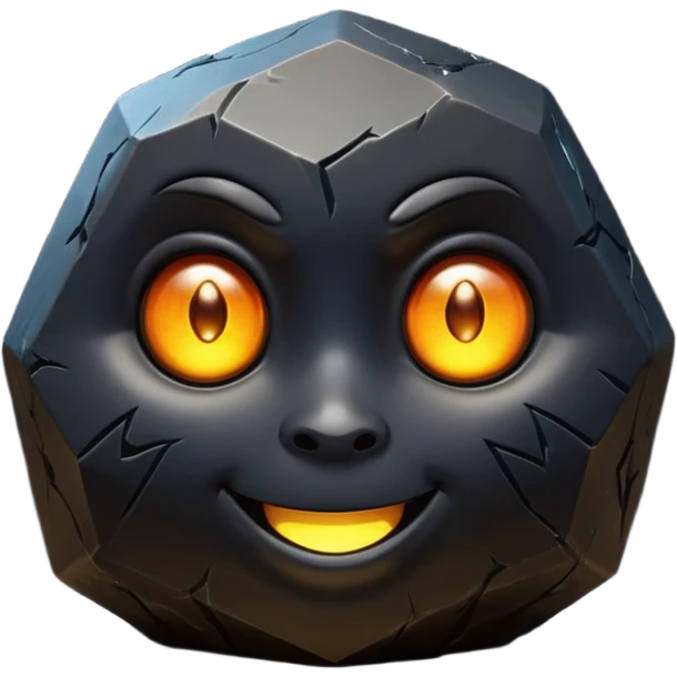 Single black obsidian rock character, thick and heavy with sharp facets and subtle reflections, carved cute face with glowing round eyes and a small smile, 3D render, high detail, soft backlighting, isolated on a plain dark background. emoji