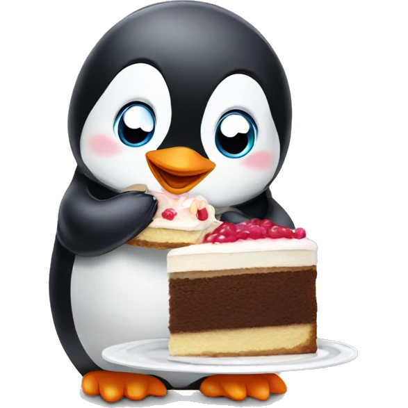 Cute baby penguin eating a cake emoji