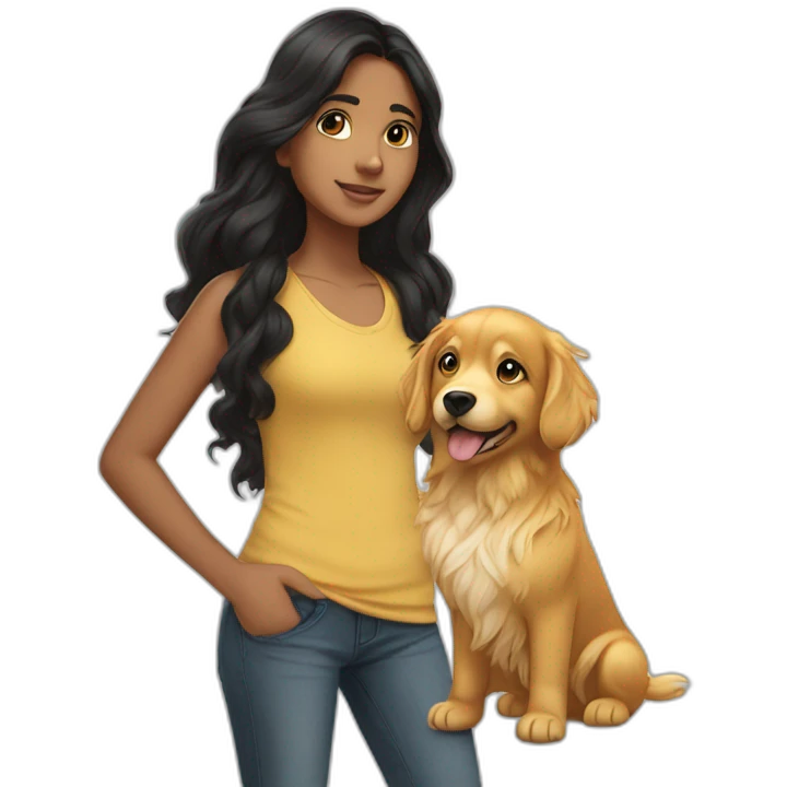 Indian teen with long wavy black hair walking golden retriever  emoji