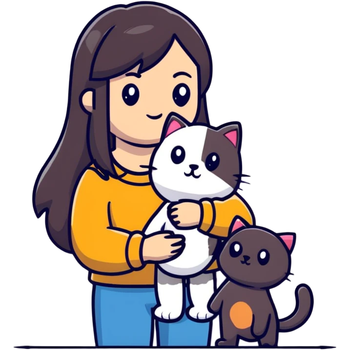 Woman with long dark hair holding pets: teddy bear, dog, and cat emoji