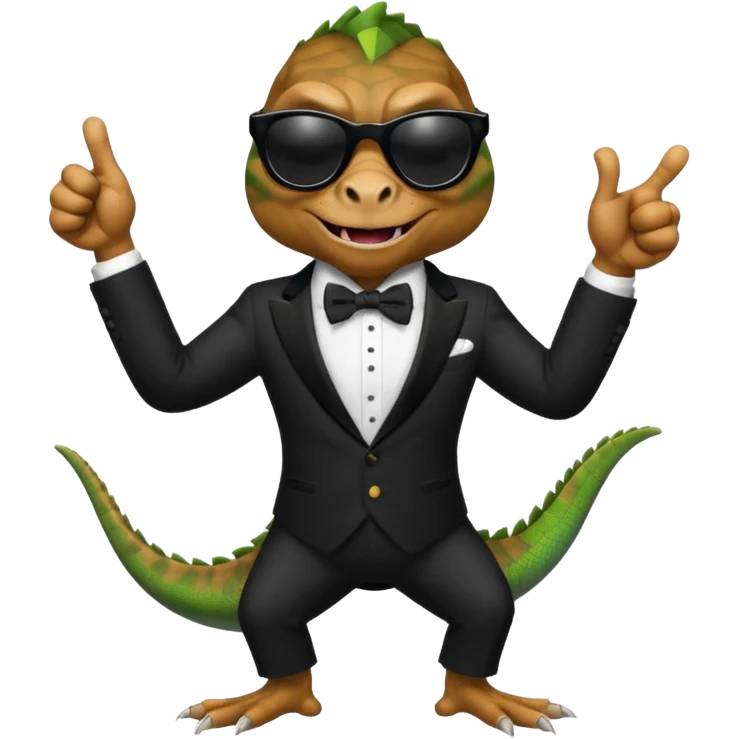 capitalist iguana banker in tuxedo and black sunglasses dancing crazy thumb up emoji