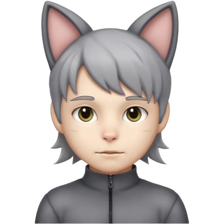 Boy in gray cat suit with tail and ears emoji