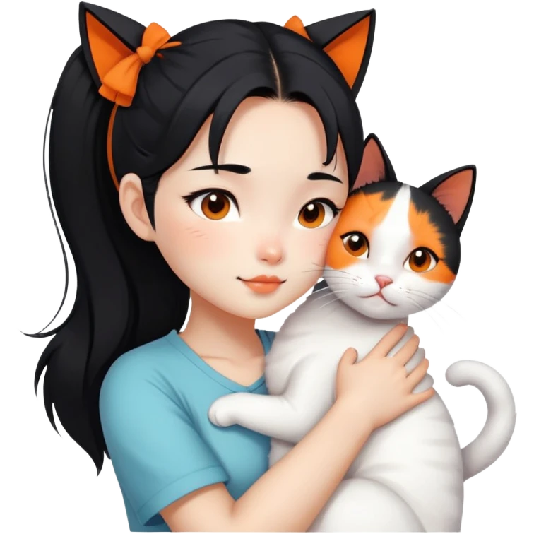 East Asian girl with high ponytail black hair hugging a predominantly white cat with orange patches, sweet and gentle, cute facial expressions emoji