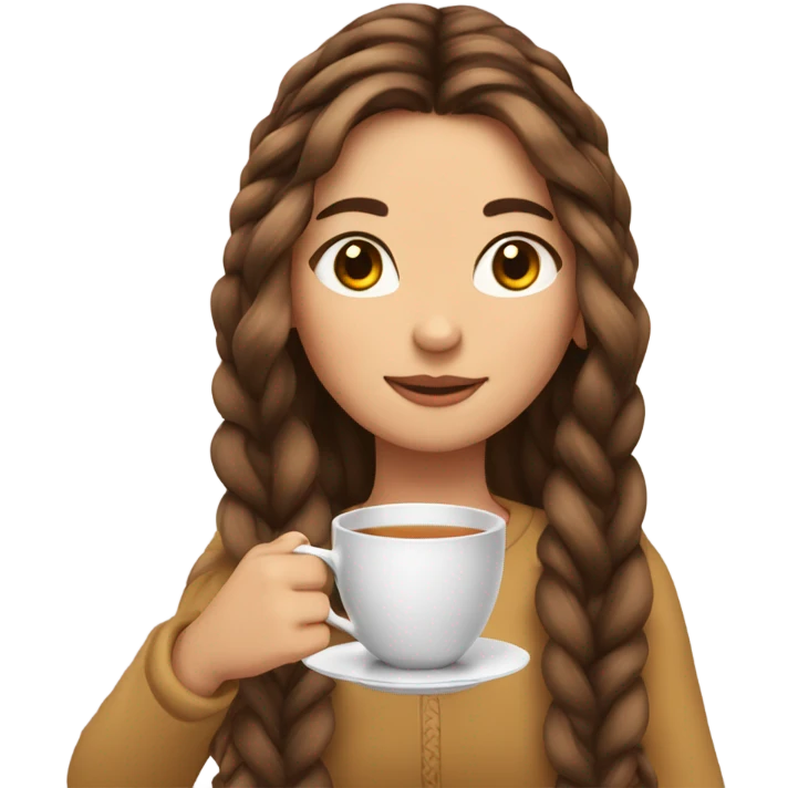 Girl sipping tea with long and brown hair and Her hair is braided. emoji