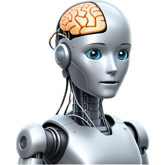 An icon featuring a humanoid robot, a neural network diagram, and a glowing brain, symbolizing artificial intelligence. The design includes binary code, a microchip, and data flow lines, representing machine learning, automation, and innovation. Transparent background emoji