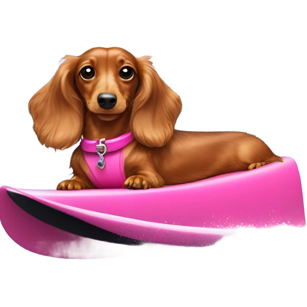 Long haired miniature dachshund red colour with pink collar on waterskis emoji