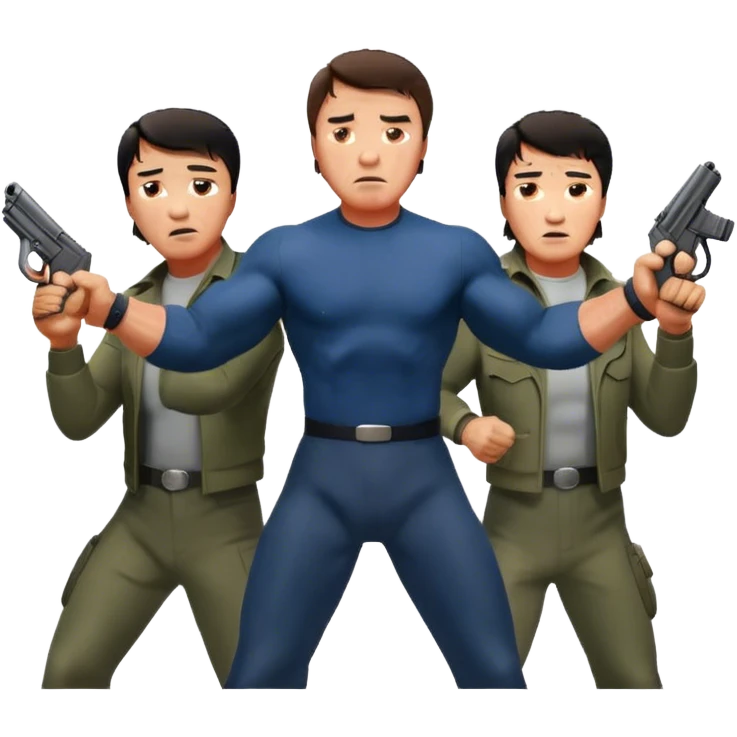 Action movie icons: Arnold Schwarzenegger, Sylvester Stallone and Jackie Chan in tense poses, surrounded by explosions, guns and fast-paced stunts. The design should reflect the energy and heroes of classic action movies. Transparent background. emoji