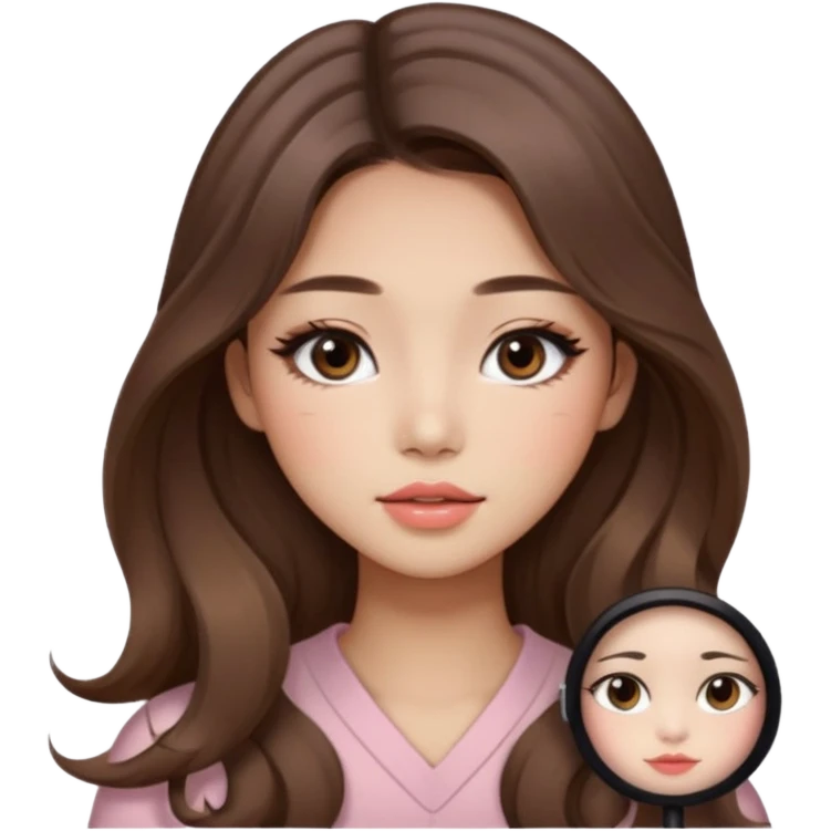 “korean straight brown hair Emoji girl, soft eyeliner and blush, gradient lips, light brown shimmer eyeshadow, long wavy hair,  emoji