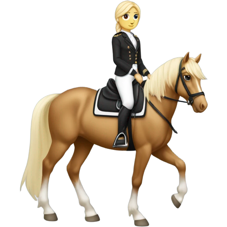 Un cheval Palomino en tain de galoper il a un tapis noir à paillettes sur le dos, sa cavalière qui est sur lui est une fille blanche avec les cheveux marrons elle porte un pantalon noir et une veste de sport noir  emoji