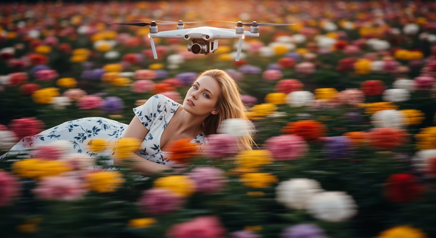 Camera drom top, Motion blur Extreme Closeup photo of a beautifull white european woman lay around beautifull colorfull flowers, cinematic light, 60/30/10 color rule, 8K, very detailed, sharp, depth (foreground, midground, background) inspired by La La Land emoji