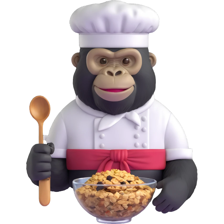 granola gorilla wearing a chef hat, mixing granola emoji