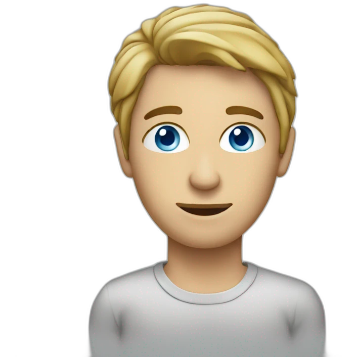 sitting at computer, words on the screen blue eyes emoji