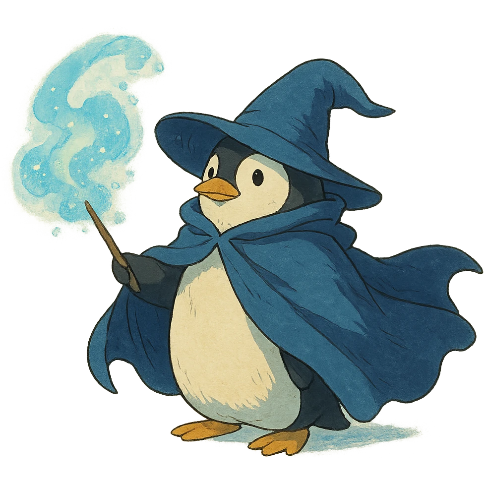penguin wizard with a flowing cloak and magical aura emoji