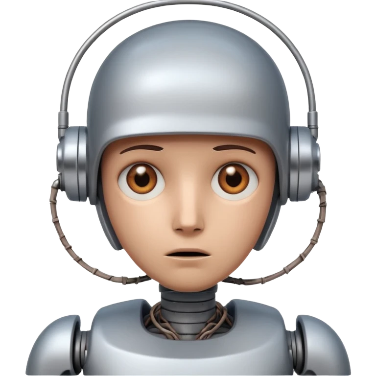 Uncomfortable robot feeling emotions and has brown eyes and a broken wire emoji
