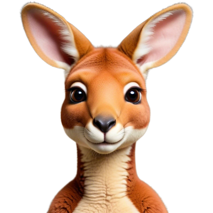 Cinematic Cute Adult Red Kangaroo Portrait Emoji, Head tilted playfully and inquisitively, showcasing a charming, robust build with soft reddish fur and a uniquely red kangaroo-like head featuring a gentle, elongated snout and rounded ears, with large, sparkling eyes full of wonder, Simplified yet irresistibly adorable features, highly detailed, glowing with a warm, friendly glow, high shine, affectionate and lively, stylized with a touch of outback whimsy, soft glowing outline, capturing the essence of a mischievous yet loving kangaroo that seems as if it could hop out of the screen into your arms! emoji