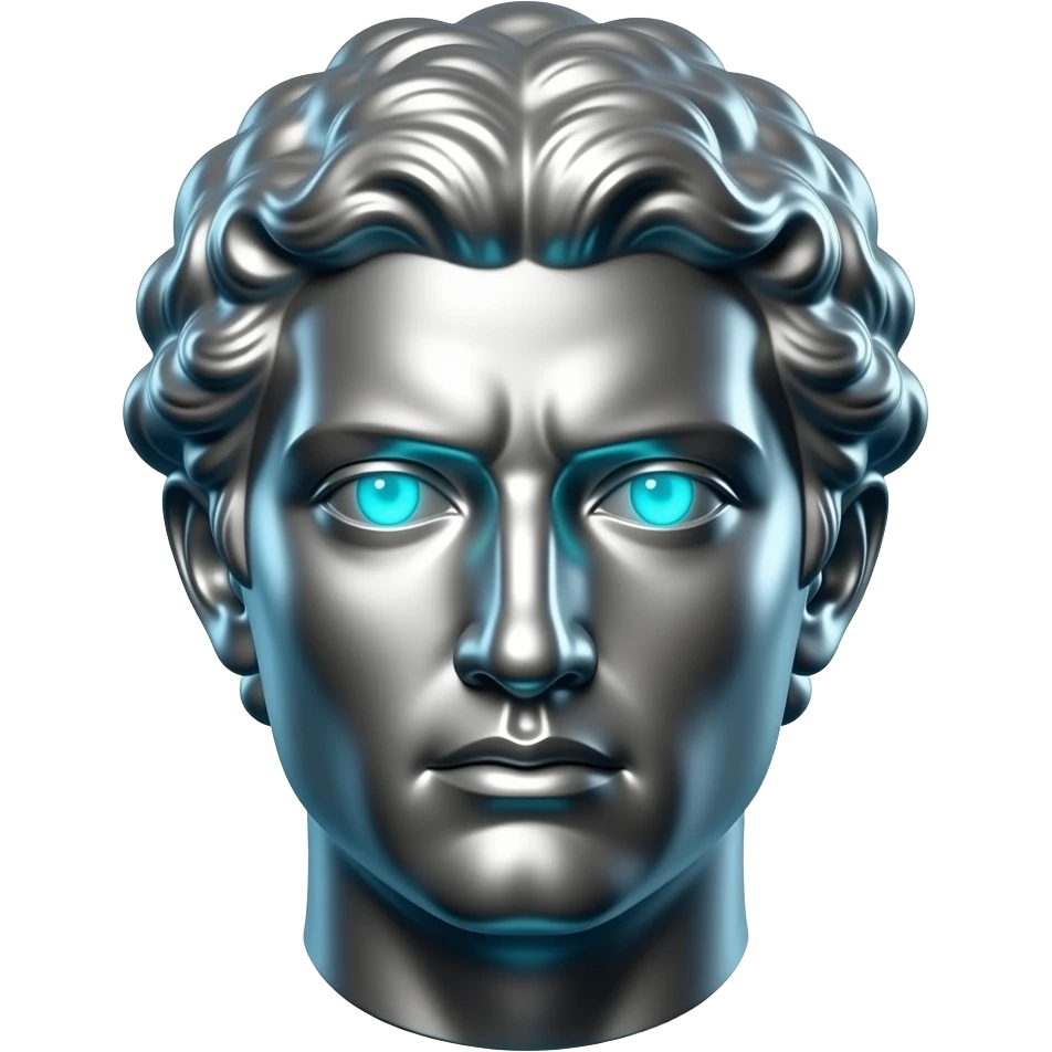 "A glasy/chrome stoic Greek statue head, front-facing, serious focused expression, glowing cyan (#00D4B1) eyes, dark background. Chrome reflections with subtle cyan light accents. Clean, no background, emoji style, high detail. The statue represents discipline, focus and self-mastery." emoji