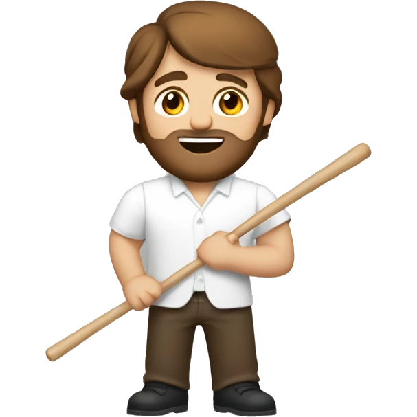 a long brown haired man with a light beard holding drum sticks in a white shirt and brown pants emoji