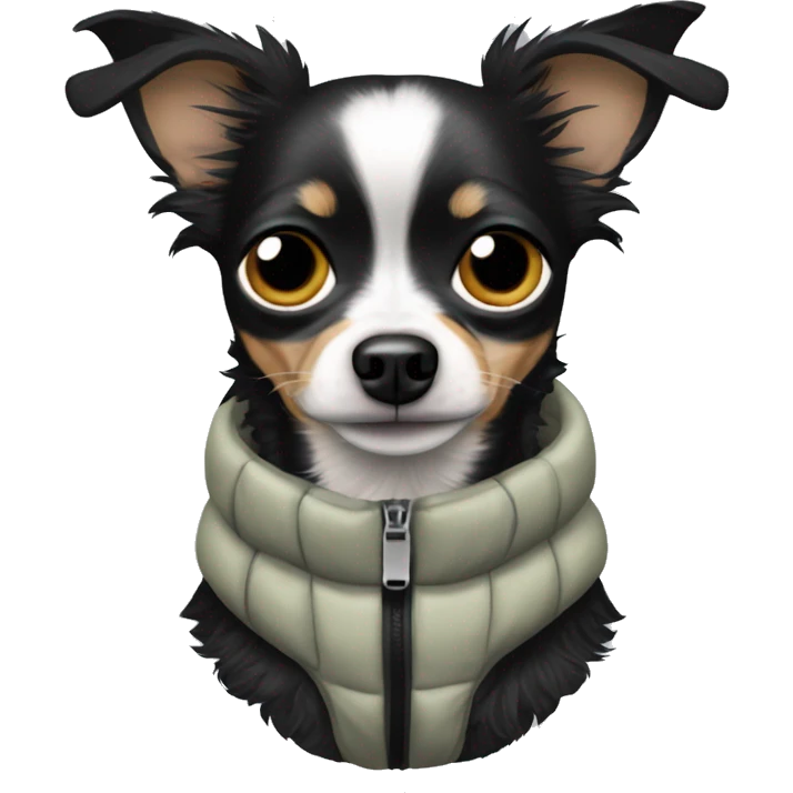Black chihuahua Chinese crested mix wearing a puffer vest emoji