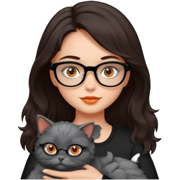 girl with dark brown hair, medium length to her chest, slightly wavy, the girl has black glasses and black eyes, she’s holding a grey fluffy cat with bright orange eyes  emoji