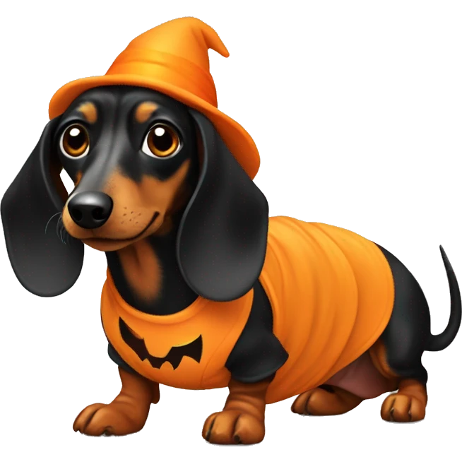 dachshund dog dressed for Halloween known as a Halloweenie emoji