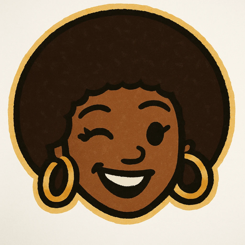 Create a 1970s disco emoji of just the head of a female African American, inspired by the references, using only gold, silver, black, and white. Show a winking expression, afro hairstyle, and large hoop earrings in these colors, in a vibrant pop colors style. emoji