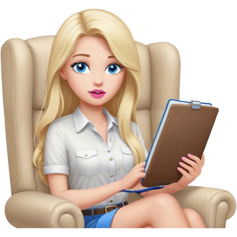 Cinematic realistic blonde with long hair, blue eyes and pink lips, sitting in a beige armchair with a notebook and pen in her handsshirt, sits in a beige armchair with a notebook and pen in her hands emoji