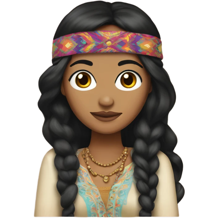 Tanned woman with black hair dressed in 1970s hippie attire, hair, makeup, and  attire with headband  emoji