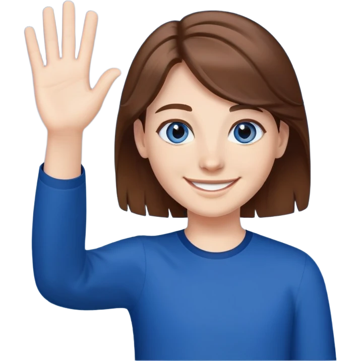 Joven con pelo castaño de ojos azules oscuro sonriendo y saludando  emoji