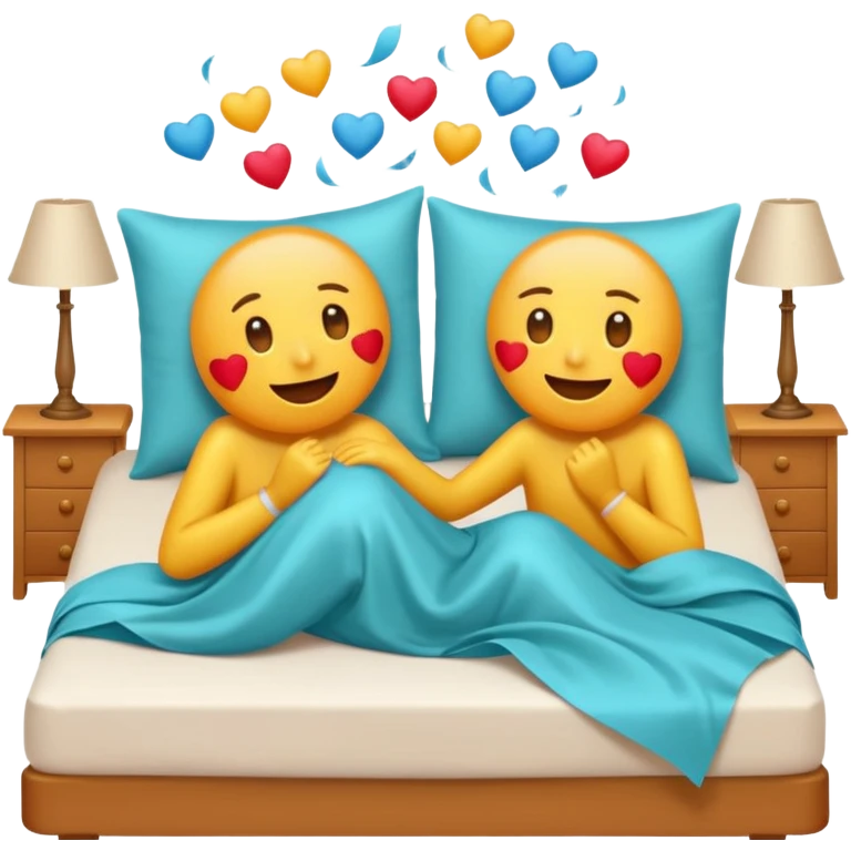playful emoji-style illustration of a couple having a pillow fight on a bed with silk sheets, simple faces, bright colors emoji