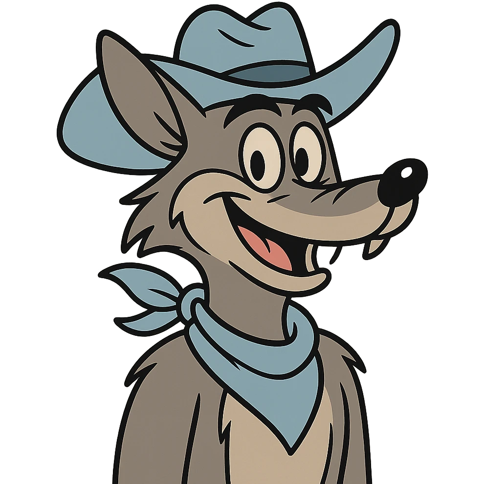 grey coyote, light blue cowboy hat, light blue neckerchief, smiling, flat toon style emoji