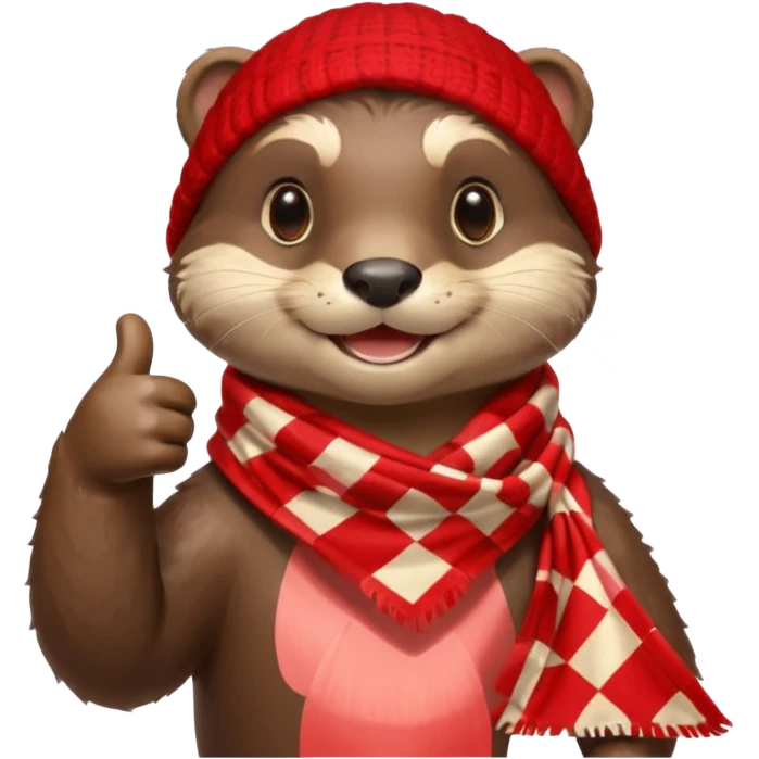 a cute otter smiling and giving thumbs up, wearing red Checkered Triangle scarf emoji