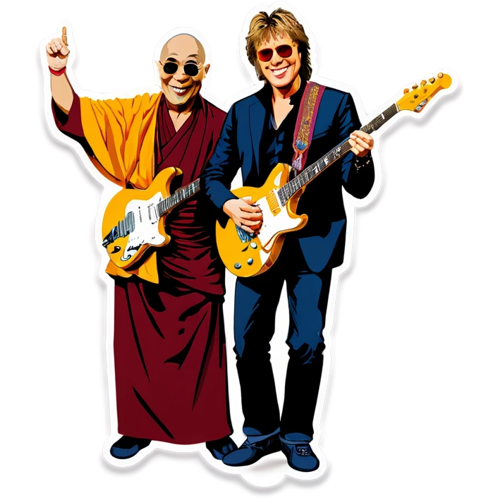 Dalai lama and  Jon Bon Jovi jam electric guitars emoji