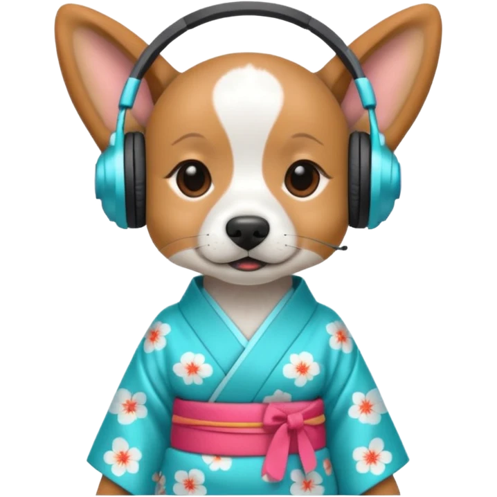 dog, kimono dress with headphone, cyan emoji