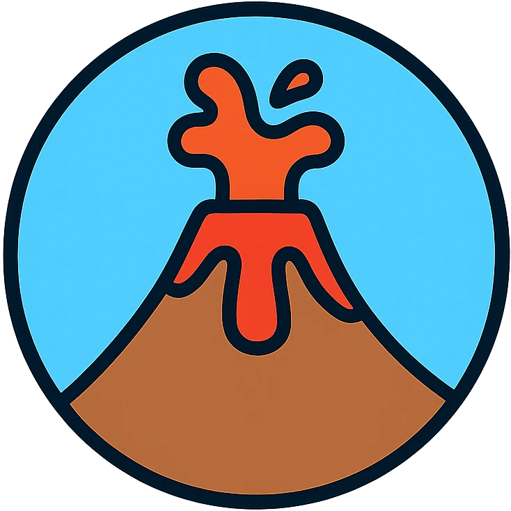 Little Alchemy style icon for the element 'volcano', circular shape, medium black border, no frame, white background, simple, clean, recognizable volcano, color outline style, sky color matching sea and ocean icons, minimalist emoji
