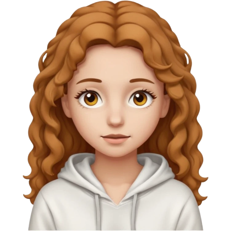 Una ragazza con una felpa semplice bianca,ha gli occhi marroni,i capelli marroni chiaro , c’è gli ha lunghi e ricci ma non troppo e ha le ciglia stile emoji apple emoji