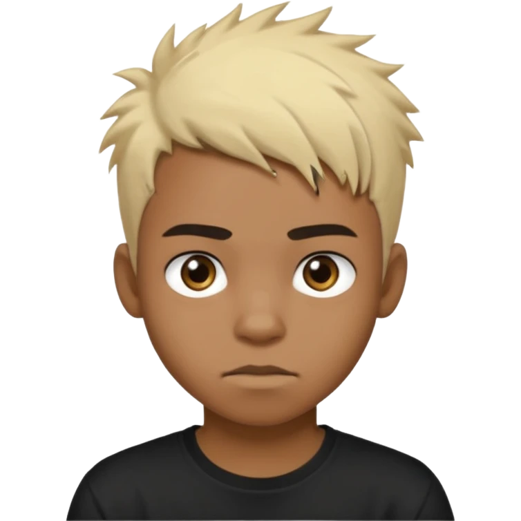 Black Male Teenager with Short punk messy blonde hair, Dark brown bushy eyebrows large expressive golden-brown eyes, wearing a plain white t-shirt, Dark Brown skin color. emoji