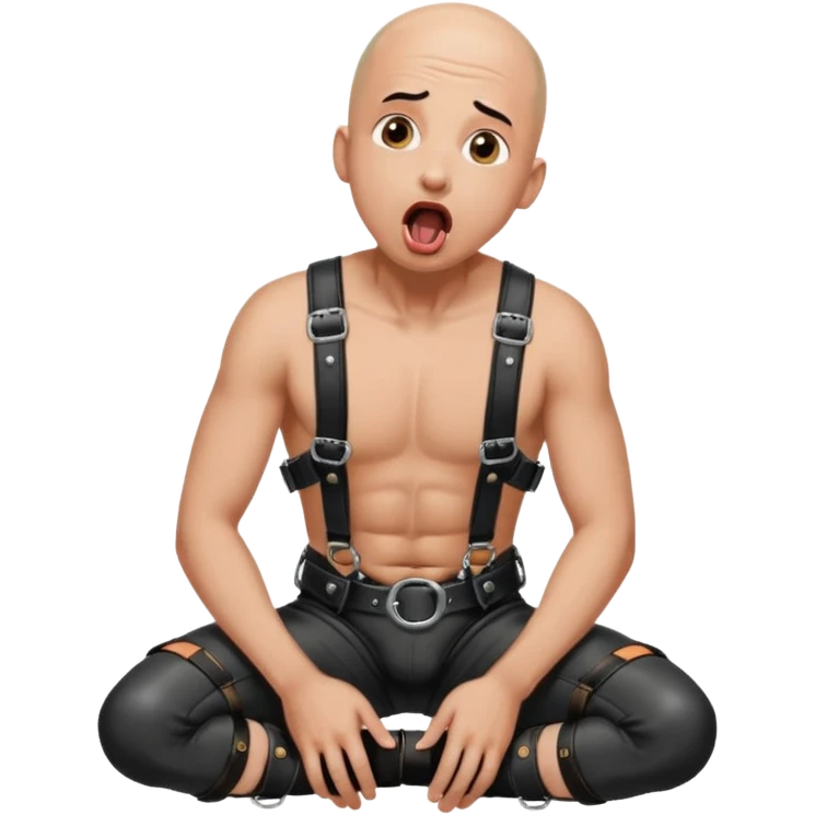 Bald man in a black leather harnesson his knees, frightened with his tongue out, looking up emoji