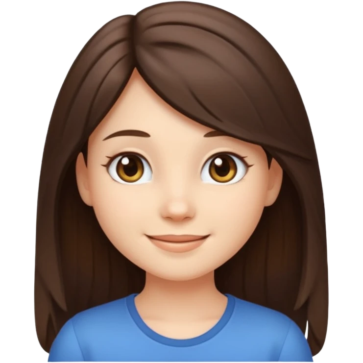 cute pretty brunette girl emoji avatar, short legs, long hair, light eyes, smiling emoji